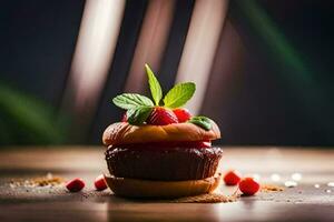 a dessert with berries and mint on a wooden table. AI-Generated photo