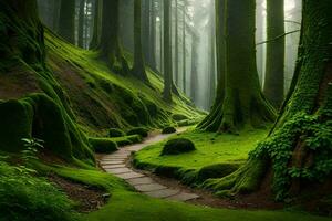 a path through a forest with mossy trees. AI-Generated photo