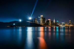 el ciudad luces son reflejado en el agua. generado por ai foto