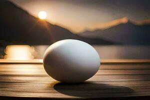 a white ball sits on a wooden table in front of a lake. AI-Generated photo