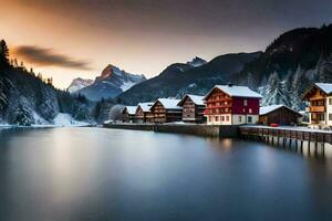 photo wallpaper the sky, mountains, water, lake, house, winter, the alps,. AI-Generated