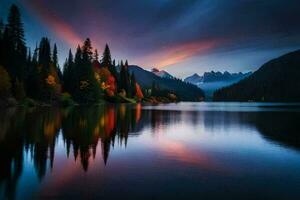 un lago en el montañas con arboles y un puesta de sol. generado por ai foto