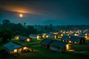 the moon rises over a field of huts at night. AI-Generated photo