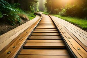 a wooden track in the forest. AI-Generated photo