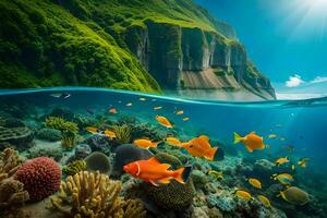 the ocean and coral reef with fish and coral. AI-Generated photo