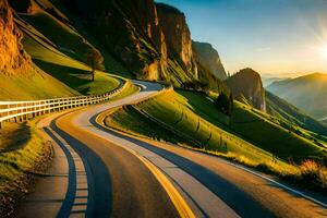 a winding road in the mountains with the sun setting. AI-Generated photo