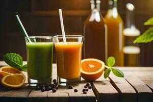 two glasses of juice with oranges and oranges. AI-Generated photo