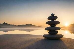 un apilar de piedras es sentado en el playa a amanecer. generado por ai foto