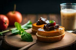 a dessert with caramel and apples on a wooden board. AI-Generated photo