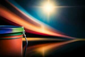 a paint bucket with a bright light shining in the background. AI-Generated photo