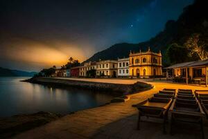 foto fondo de pantalla el cielo, noche, el mar, el lago, el ciudad, el lago,. generado por ai