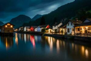 photo wallpaper the sky, night, mountains, water, houses, the village, the town,. AI-Generated