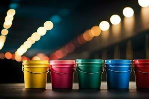five colorful buckets lined up against a dark background. AI-Generated photo