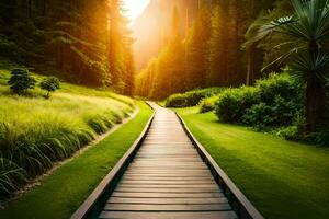 a wooden path leading to a green field. AI-Generated photo