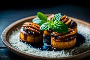 three small cakes with sauce on top of rice. AI-Generated photo