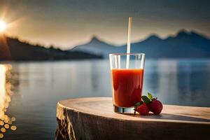 a glass of juice with strawberries on a log. AI-Generated photo