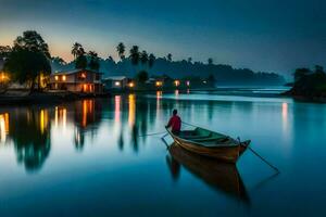 a man in a boat on the water at dusk. AI-Generated photo