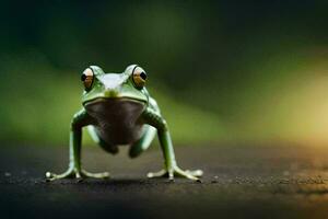 a frog is standing on the ground with its eyes open. AI-Generated photo