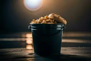 a bucket filled with food on a table. AI-Generated photo
