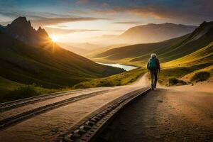 un persona caminando a lo largo un ferrocarril pista en el montañas. generado por ai foto