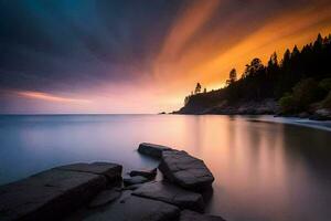 un puesta de sol terminado el agua con rocas y arboles generado por ai foto