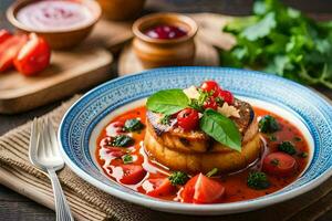 un plato de comida con vegetales y carne. generado por ai foto