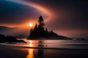 un hermosa puesta de sol terminado el Oceano con un árbol en el costa. generado por ai foto