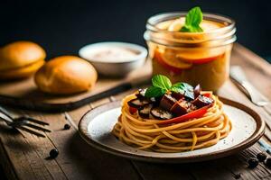 spaghetti with meatballs and tomato sauce on a plate. AI-Generated photo