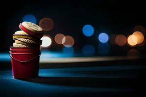 a red bucket with a stack of cookies on it. AI-Generated photo