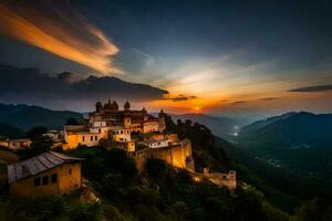 the sun sets over a castle on a mountain. AI-Generated photo