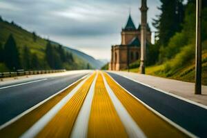 a long exposure photograph of a road with a church in the background. AI-Generated photo