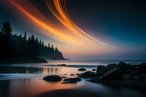 a long exposure photograph of a sunset over the ocean. AI-Generated photo