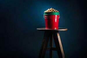a red bucket filled with peanuts on a stool. AI-Generated photo