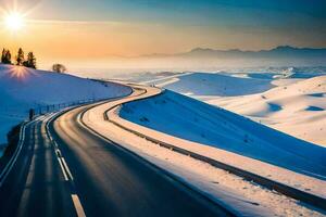 a road in the snow with the sun setting behind it. AI-Generated photo