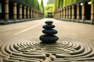 a stone maze with a stack of rocks in the middle. AI-Generated photo