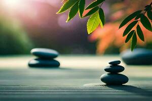 zen stones on a wooden table with a leaf. AI-Generated photo