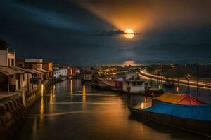 a full moon shines over boats in a river. AI-Generated photo