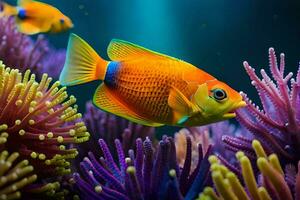 two fish swimming in the ocean with colorful coral. AI-Generated photo