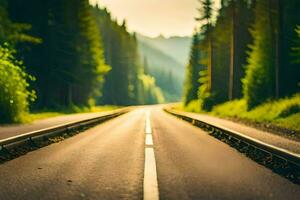 un largo vacío la carretera en el medio de un bosque. generado por ai foto