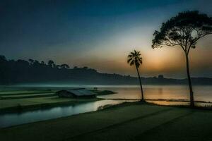 a sunrise over a lake with palm trees. AI-Generated photo