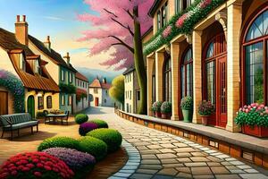 a painting of a street with flowers and benches. AI-Generated photo