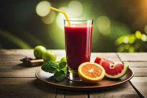 un vaso de jugo con rebanadas de pomelo y naranja. generado por ai foto