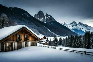 a cabin in the snow with mountains in the background. AI-Generated photo