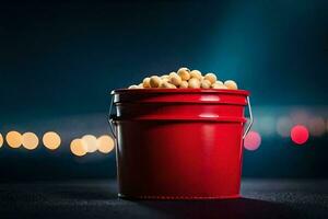 a red bucket filled with peanuts on a table. AI-Generated photo