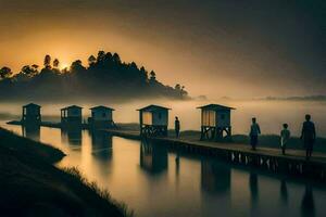 people stand on a dock at sunrise with fog in the background. AI-Generated photo