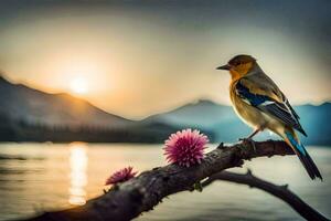 a bird sits on a branch near a lake at sunset. AI-Generated photo