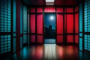 a dark room with red and blue curtains. AI-Generated photo