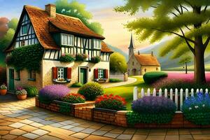 a painting of a house and garden with flowers. AI-Generated photo