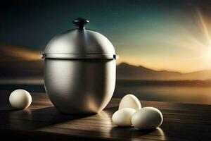 eggs on a table with a silver container. AI-Generated photo