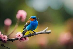 un azul pájaro se sienta en un rama con rosado flores generado por ai foto